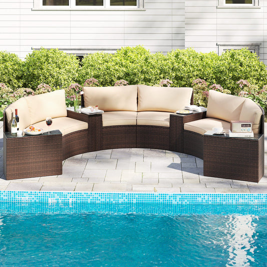7 Pieces Patio Furniture Set PE Rattan Half-Moon Curved Sofas with Side Tables-Brown - Tampa Home & Garden Store