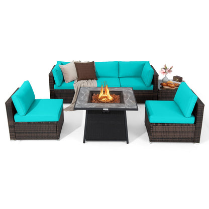 Juego de muebles de patio de 7 piezas con mesa de hoguera de gas propano de 35 pulgadas y 50 000 BTU y cubierta impermeable para la hoguera - Beige