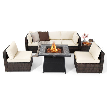 Juego de muebles de patio de 7 piezas con mesa de hoguera de gas propano de 35 pulgadas y 50 000 BTU y cubierta impermeable para la hoguera - Beige