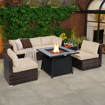 Juego de muebles de patio de 7 piezas con mesa de hoguera de gas propano de 35 pulgadas y 50 000 BTU y cubierta impermeable para la hoguera - Beige