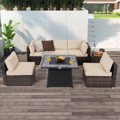 Juego de muebles de patio de 7 piezas con mesa de hoguera de gas propano de 35 pulgadas y 50 000 BTU y cubierta impermeable para la hoguera - Beige