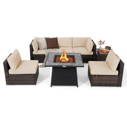 Juego de muebles de patio de 7 piezas con mesa de hoguera de gas propano de 35 pulgadas y 50 000 BTU y cubierta impermeable para la hoguera - Beige