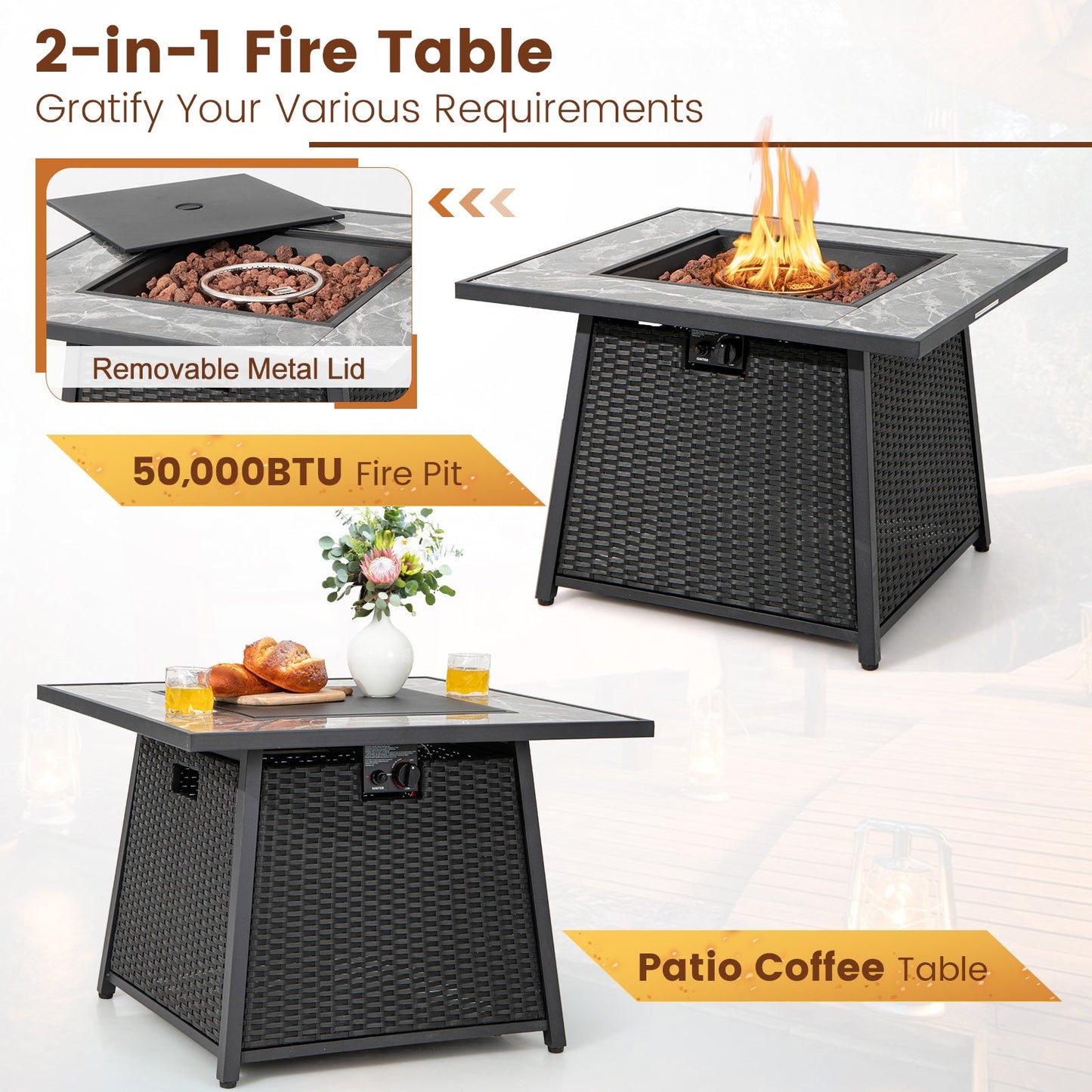 Juego de muebles de patio de 7 piezas con mesa de hoguera de gas propano de 35 pulgadas y 50 000 BTU y cubierta impermeable para la hoguera - Beige