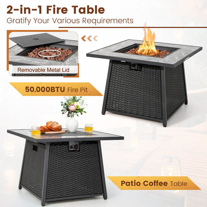 Juego de muebles de patio de 7 piezas con mesa de hoguera de gas propano de 35 pulgadas y 50 000 BTU y cubierta impermeable para la hoguera - Beige