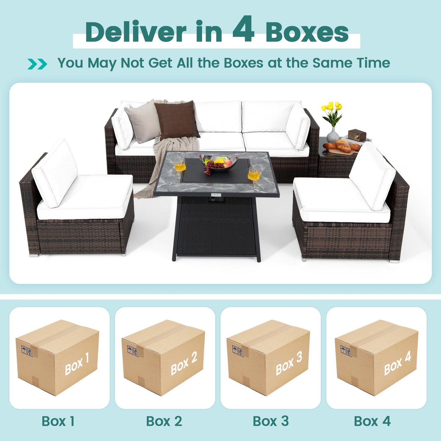 Juego de muebles de patio de 7 piezas con mesa de hoguera de gas propano de 35 pulgadas y 50 000 BTU y cubierta impermeable para la hoguera - Beige