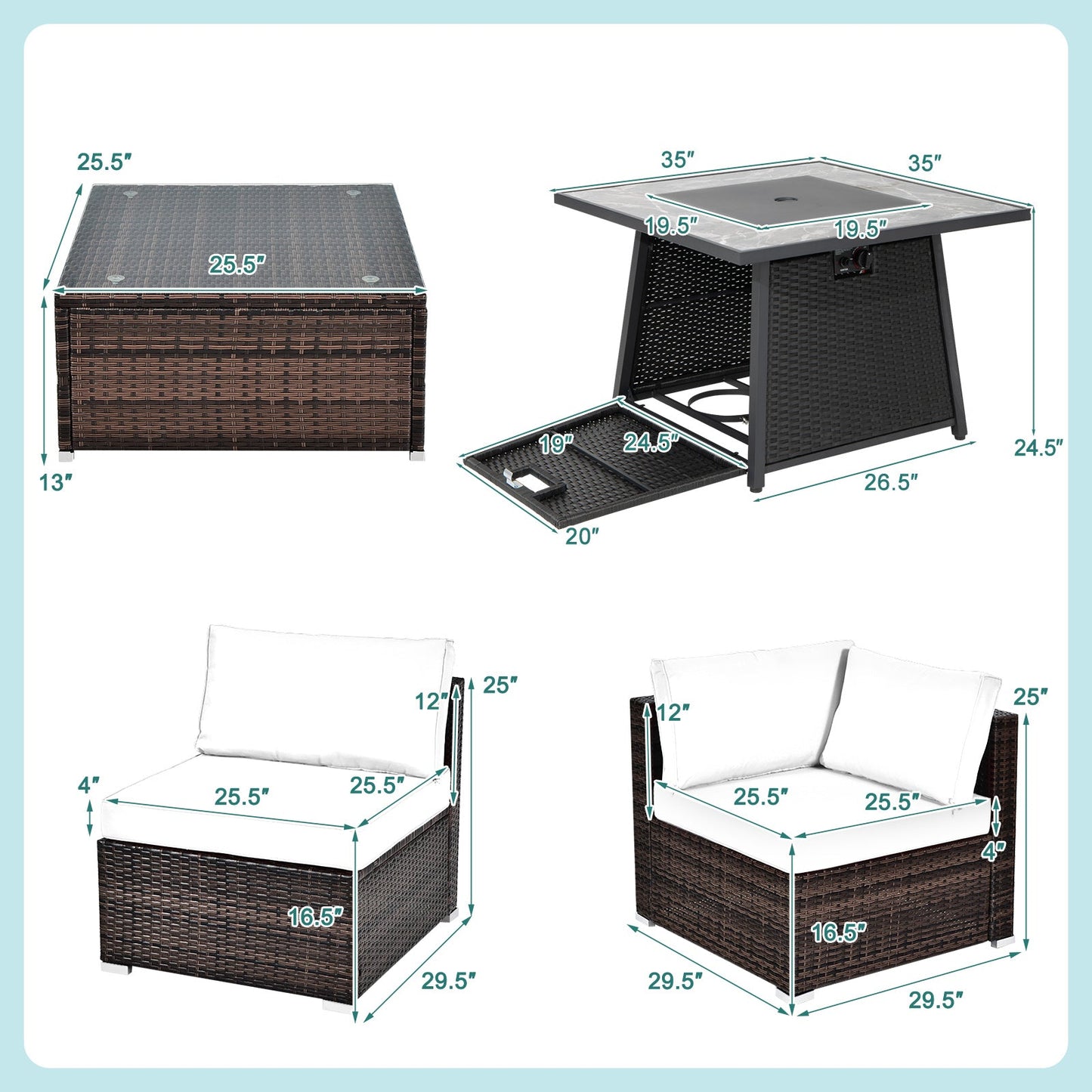 Juego de muebles de patio de 7 piezas con mesa de hoguera de gas propano de 35 pulgadas y 50 000 BTU y cubierta impermeable para la hoguera - Beige