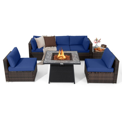 Juego de muebles de patio de 7 piezas con mesa de hoguera de gas propano de 35 pulgadas y 50 000 BTU y cubierta impermeable para la hoguera - Beige