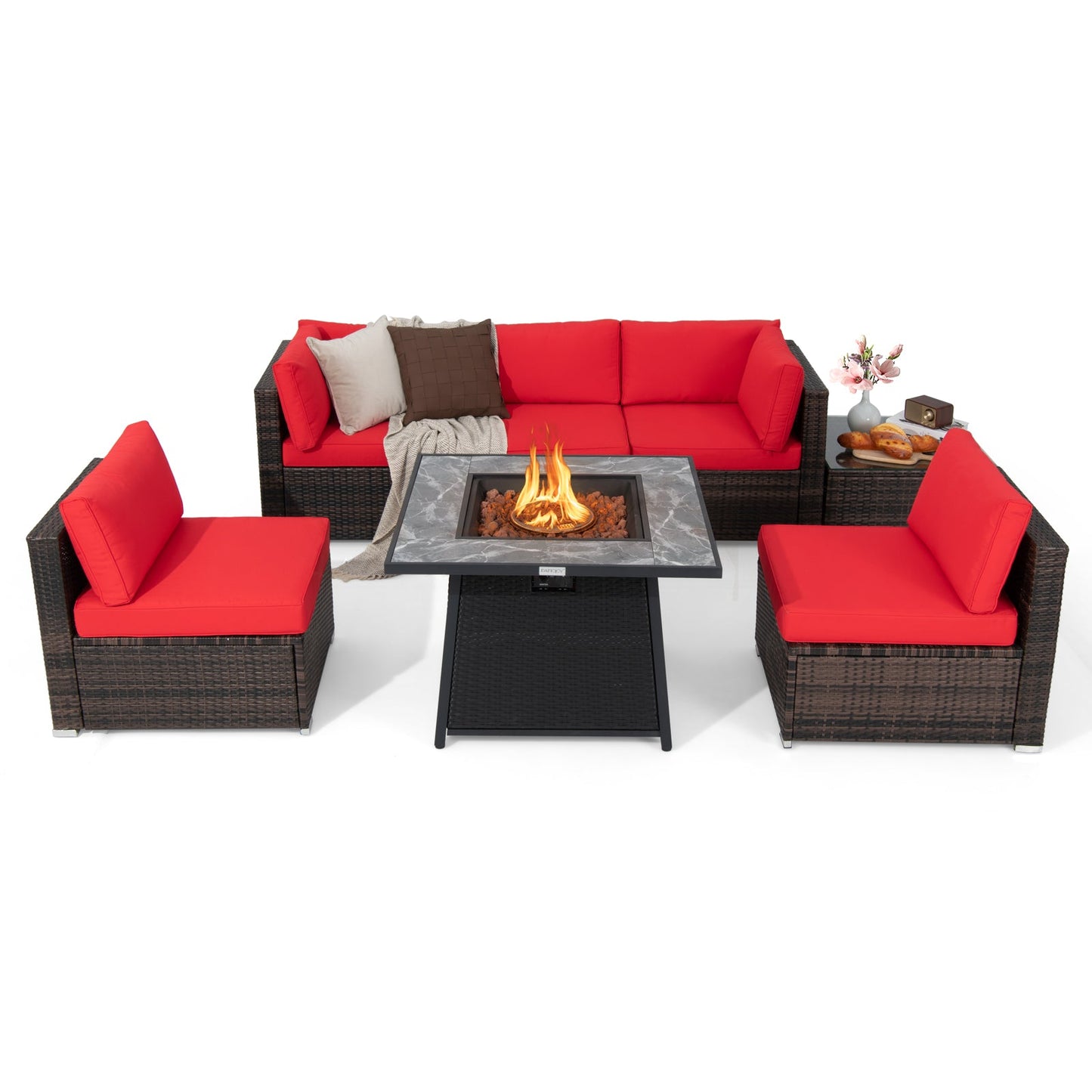 Juego de muebles de patio de 7 piezas con mesa de hoguera de gas propano de 35 pulgadas y 50 000 BTU y cubierta impermeable para la hoguera - Beige