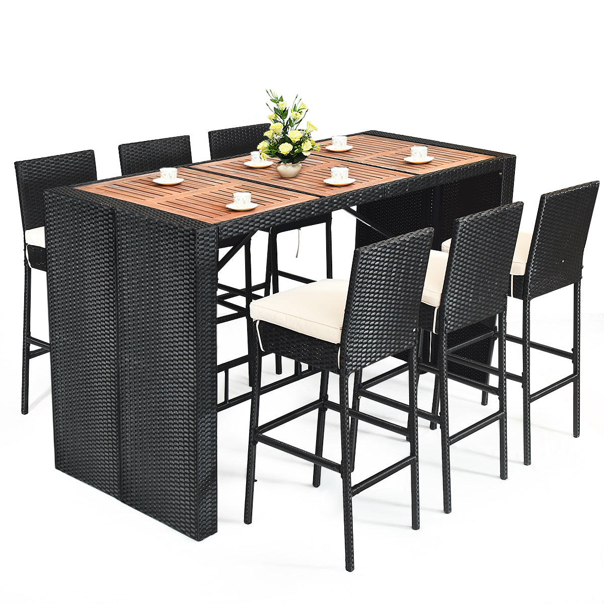 7-Piece Patio Rattan Wicker Dining Set by DirectDeals with black chairs and wood slat table on Tampa Home & Garden Store