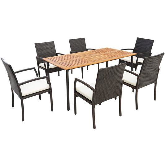 7 Pieces Patio Wicker Cushioned Dining Set with Umbrella Hole - Tampa Home & Garden Store