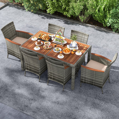 Juego de comedor de 7 piezas para patio de madera de acacia con cojines y ratán PE