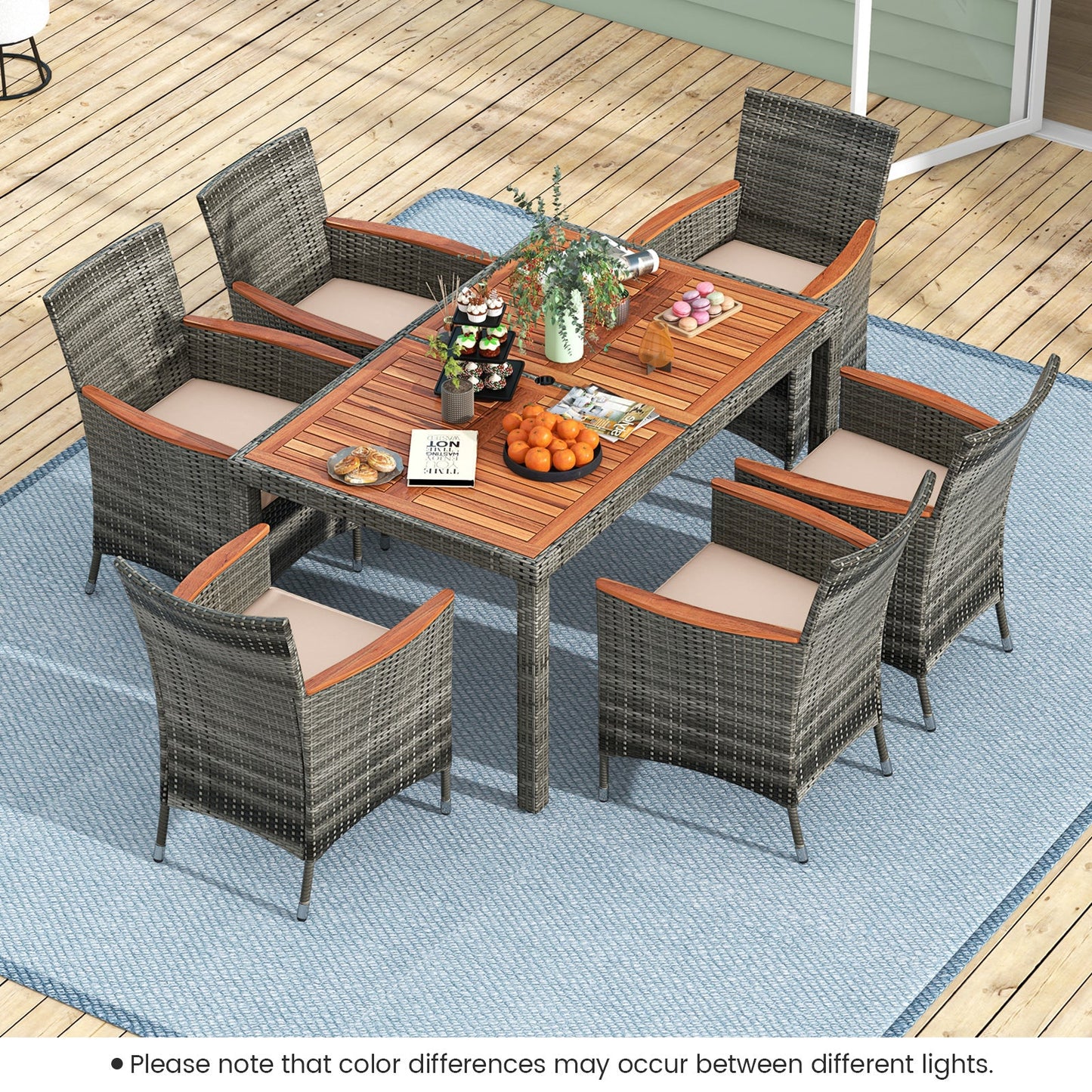 Juego de comedor de 7 piezas para patio de madera de acacia con cojines y ratán PE