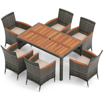Juego de comedor de 7 piezas para patio de madera de acacia con cojines y ratán PE