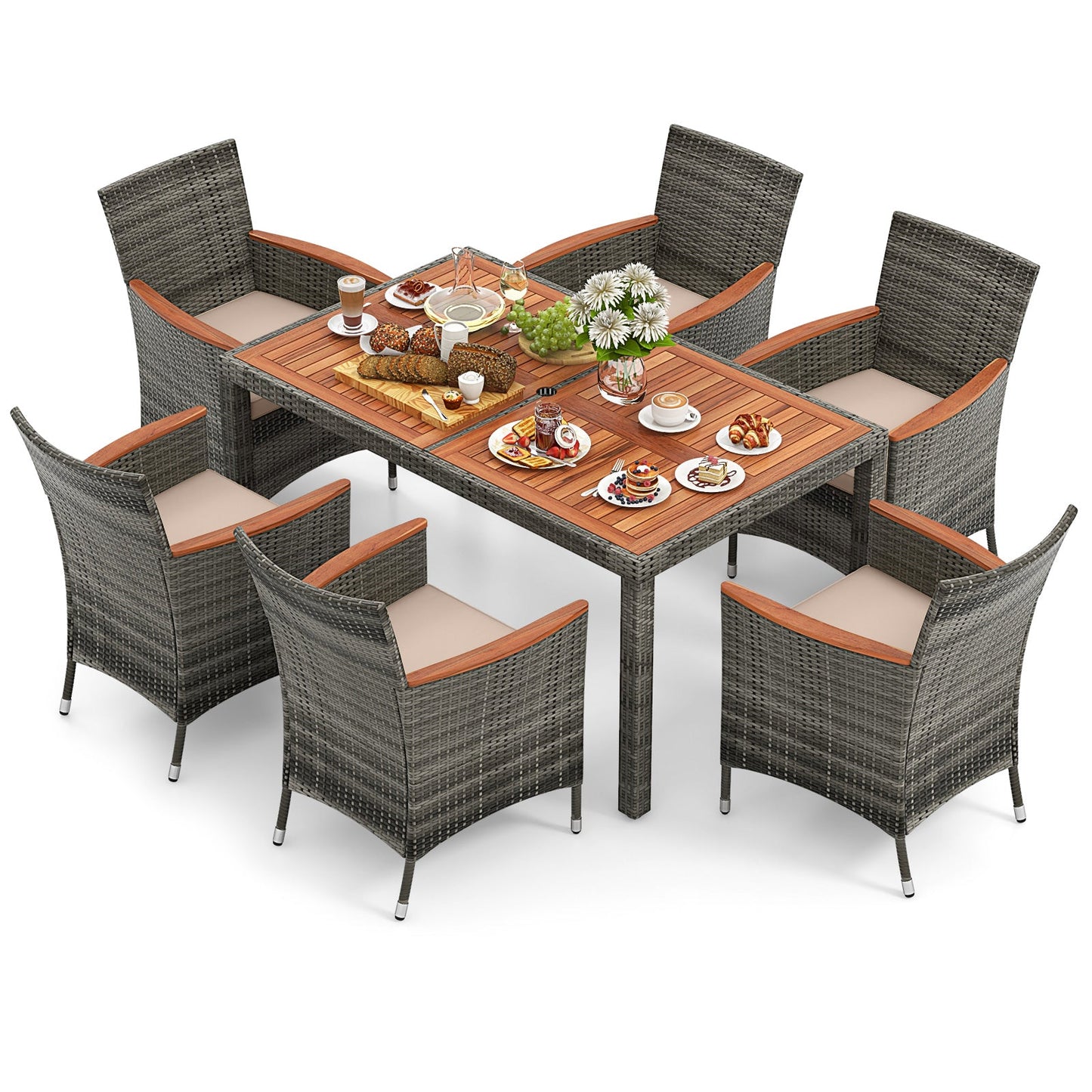 Juego de comedor de 7 piezas para patio de madera de acacia con cojines y ratán PE