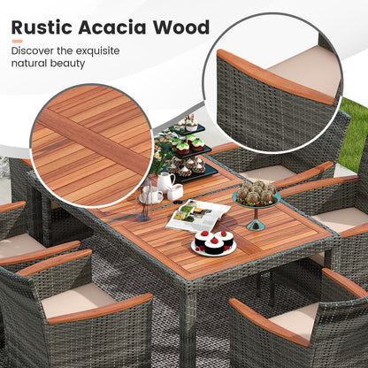 Juego de comedor de 7 piezas para patio de madera de acacia con cojines y ratán PE