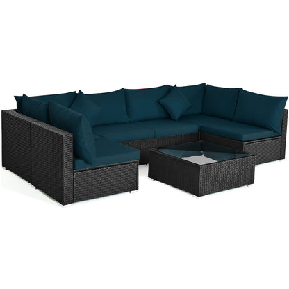 Juego de Sofá Seccional Exterior de 7 Piezas de Ratán para Patio con Tapa de Cristal Templado - Azul Marino