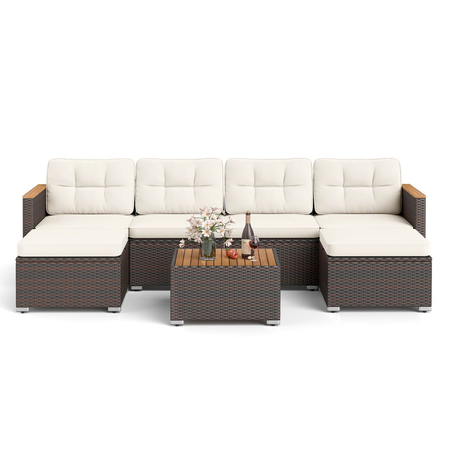7 Pieces Wicker Conversation Set with Wood Armrests for Backyard-White