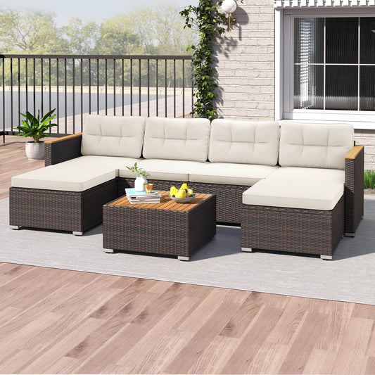 7 Pieces Wicker Conversation Set with Wood Armrests for Backyard-White - Tampa Home & Garden Store