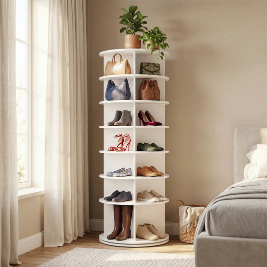 7-tier white rotating shoe rack tower with 360° spin DirectDeals displays shoes and handbags on Tampa Home & Garden Store