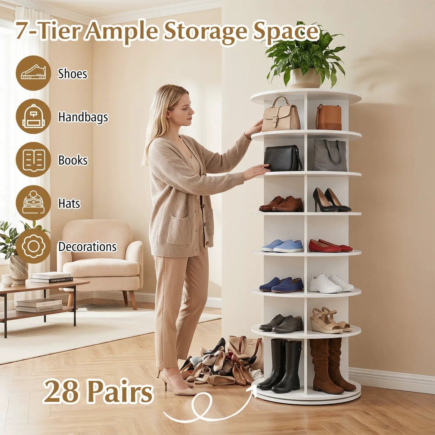 7-Tier Rotating Shoe Rack Tower with Spin