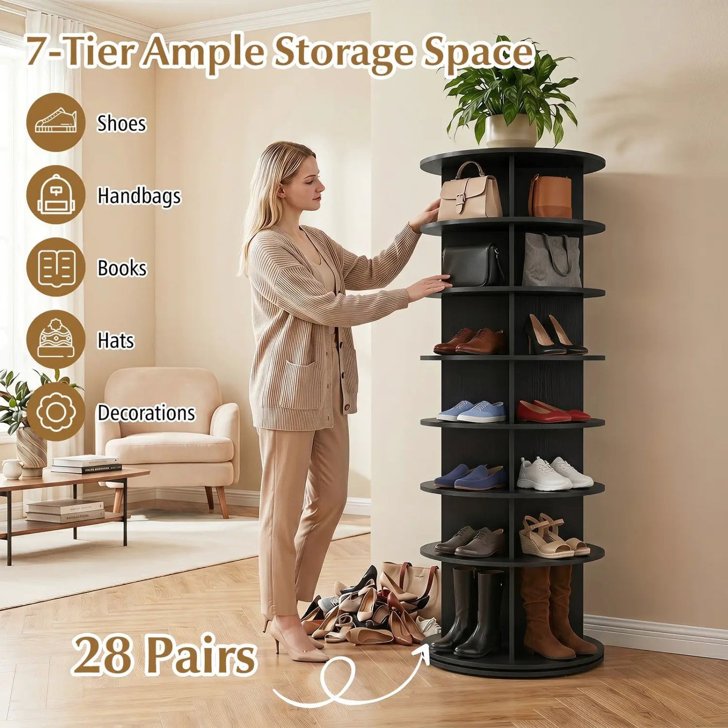 7-Tier Rotating Shoe Rack Tower with Spin