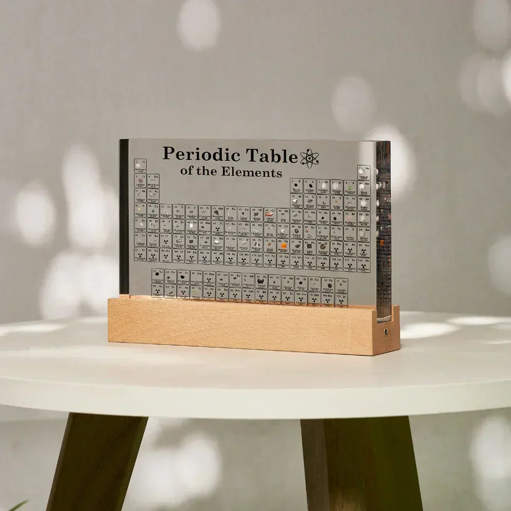 LED Periodic Table Element Display visual artwork with silver panel on wood base on Tampa Home & Garden Store