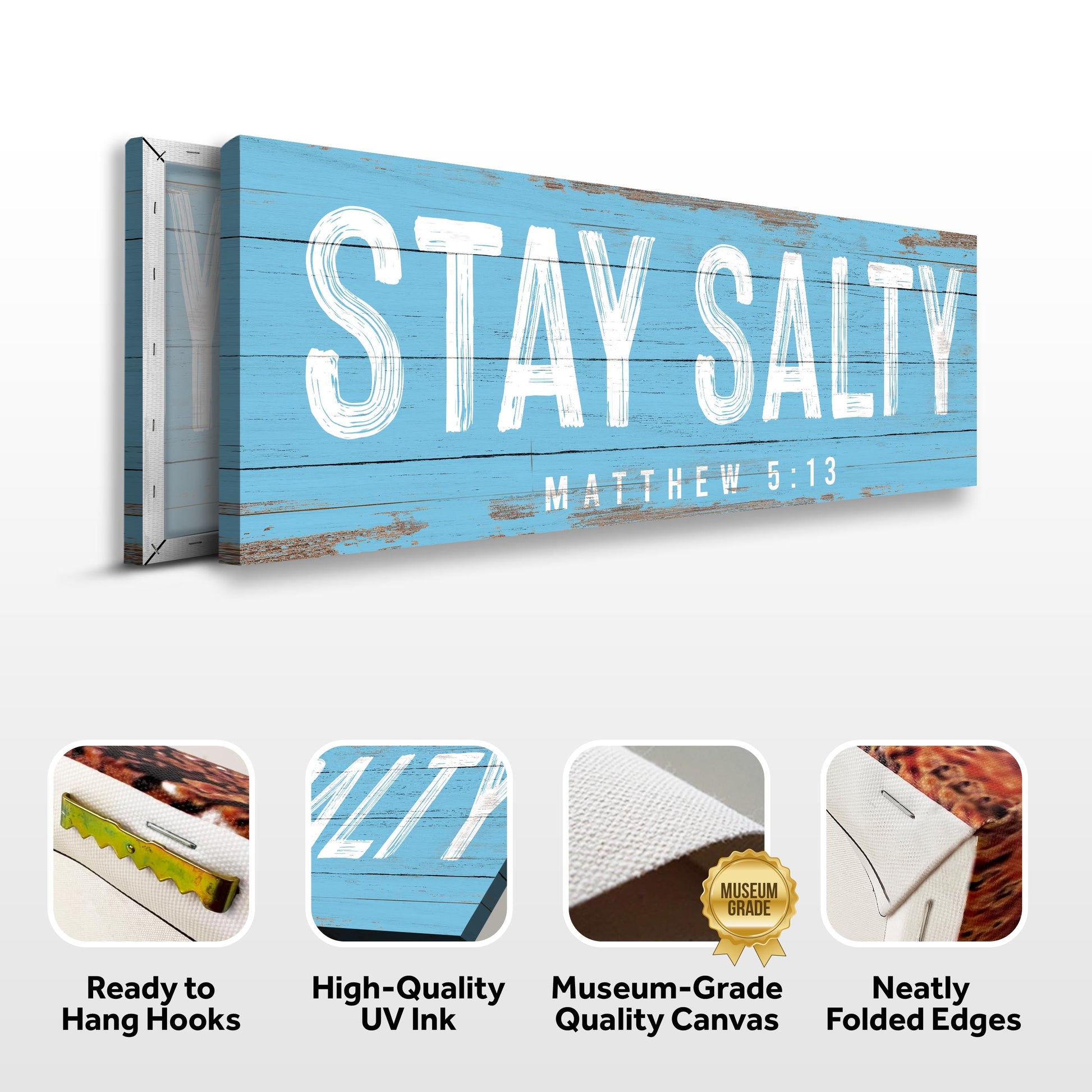 Stay Salty Coastal Sign IV canvas Tailored Canvases, blue wood with white STAY SALTY lettering on Tampa Home & Garden Store