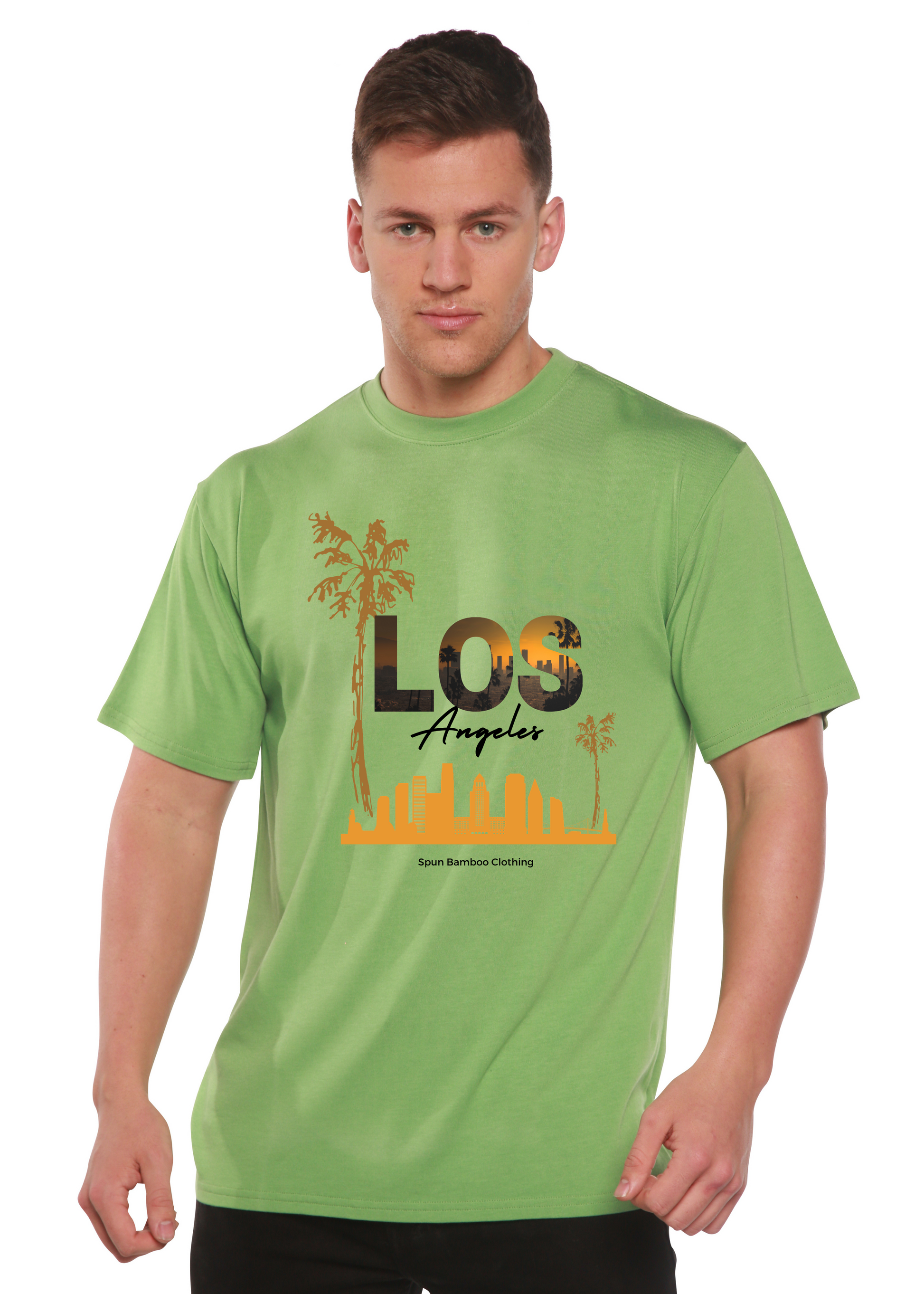 Los Angeles unisex graphic short sleeve t-shirt in lime green with orange skyline by Spun Bamboo on Tampa Home & Garden Store