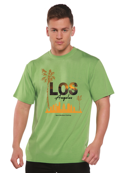Los Angeles unisex graphic short sleeve t-shirt in lime green with orange skyline by Spun Bamboo on Tampa Home & Garden Store