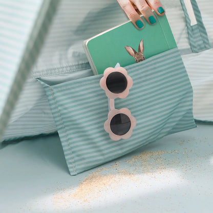 Tiny Land One-Stop Beach Toy & Tent Set teal striped pop-up beach tent with pocket and bunny peek on Tampa Home & Garden Store