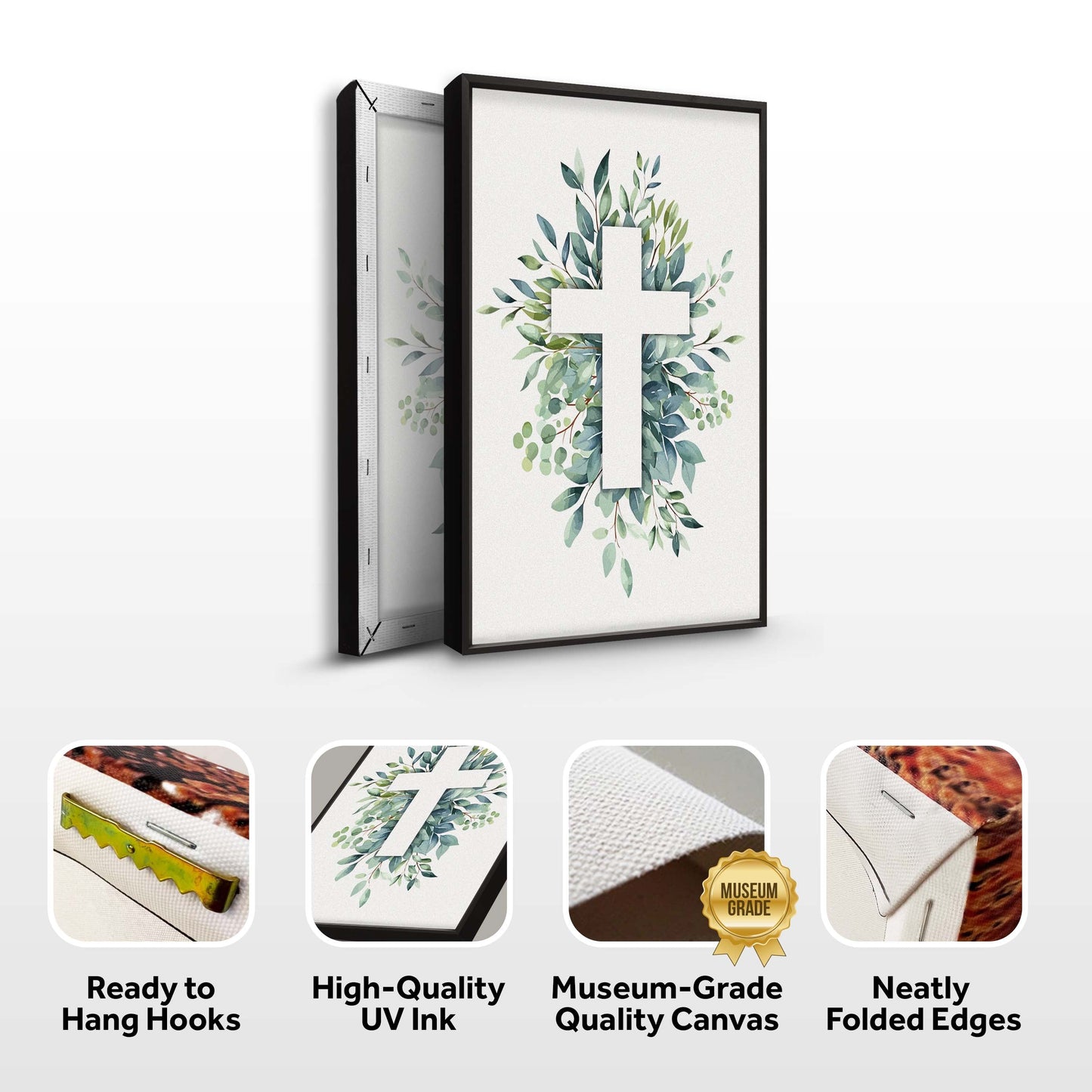Evergreen Cross Faith Canvas wall art by Tailored Canvases framed in black with green leaves on Tampa Home & Garden Store