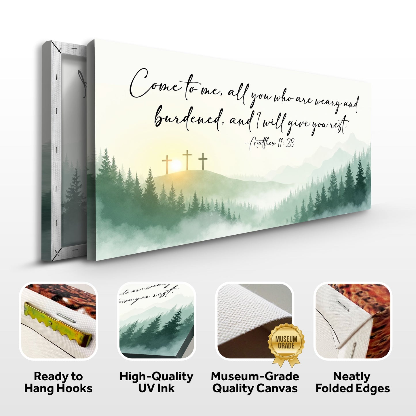 Come To Me Matthew 11:28 faith sign canvas by Tailored Canvases with sunrise cross landscape on Tampa Home & Garden Store