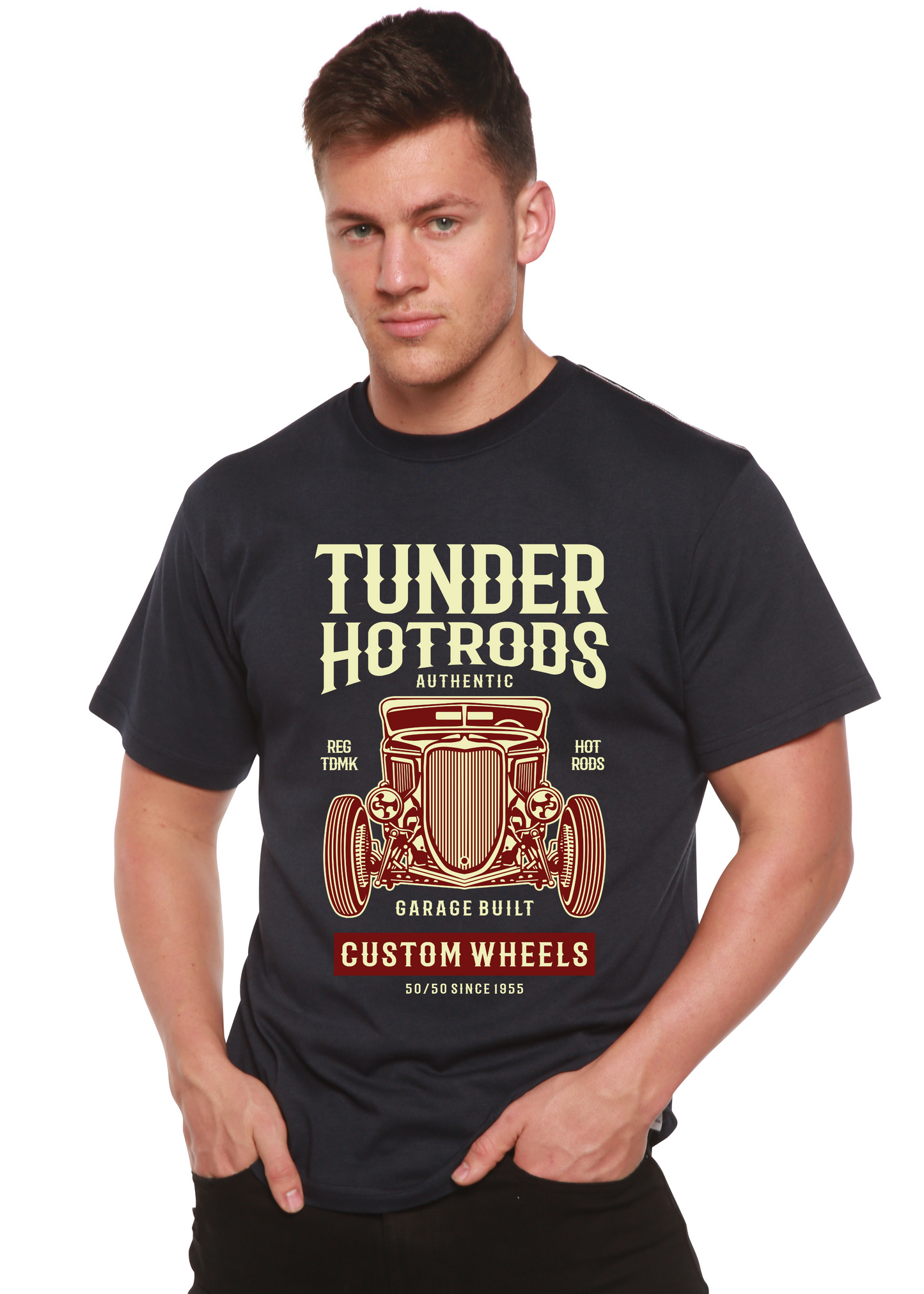 Thunder Hotrods graphic tee navy Spun Bamboo men's short sleeve with vintage car print on Tampa Home & Garden Store