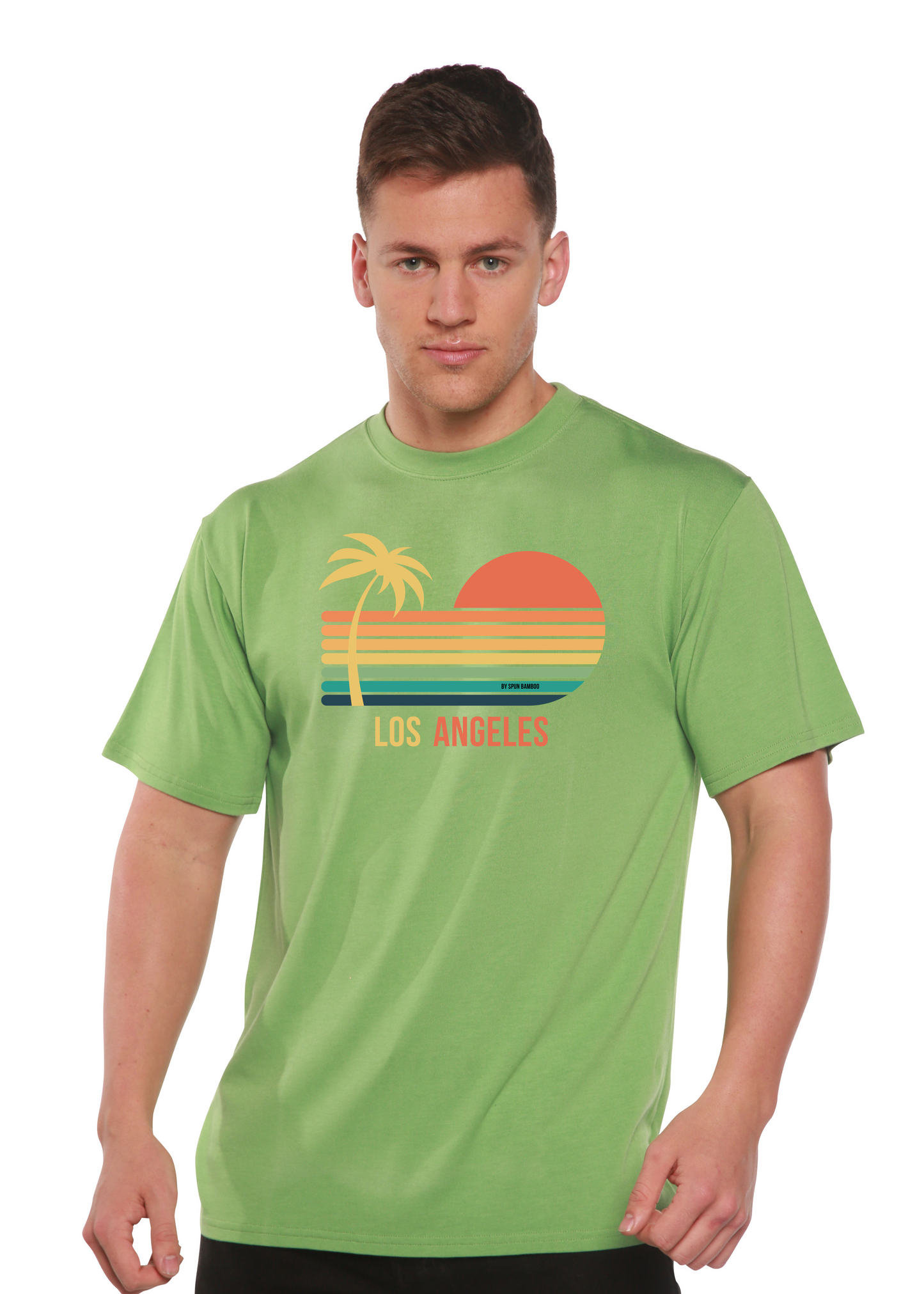 Los Angeles unisex graphic tee in lime green with palm and sunset stripes by Spun Bamboo on Tampa Home & Garden Store