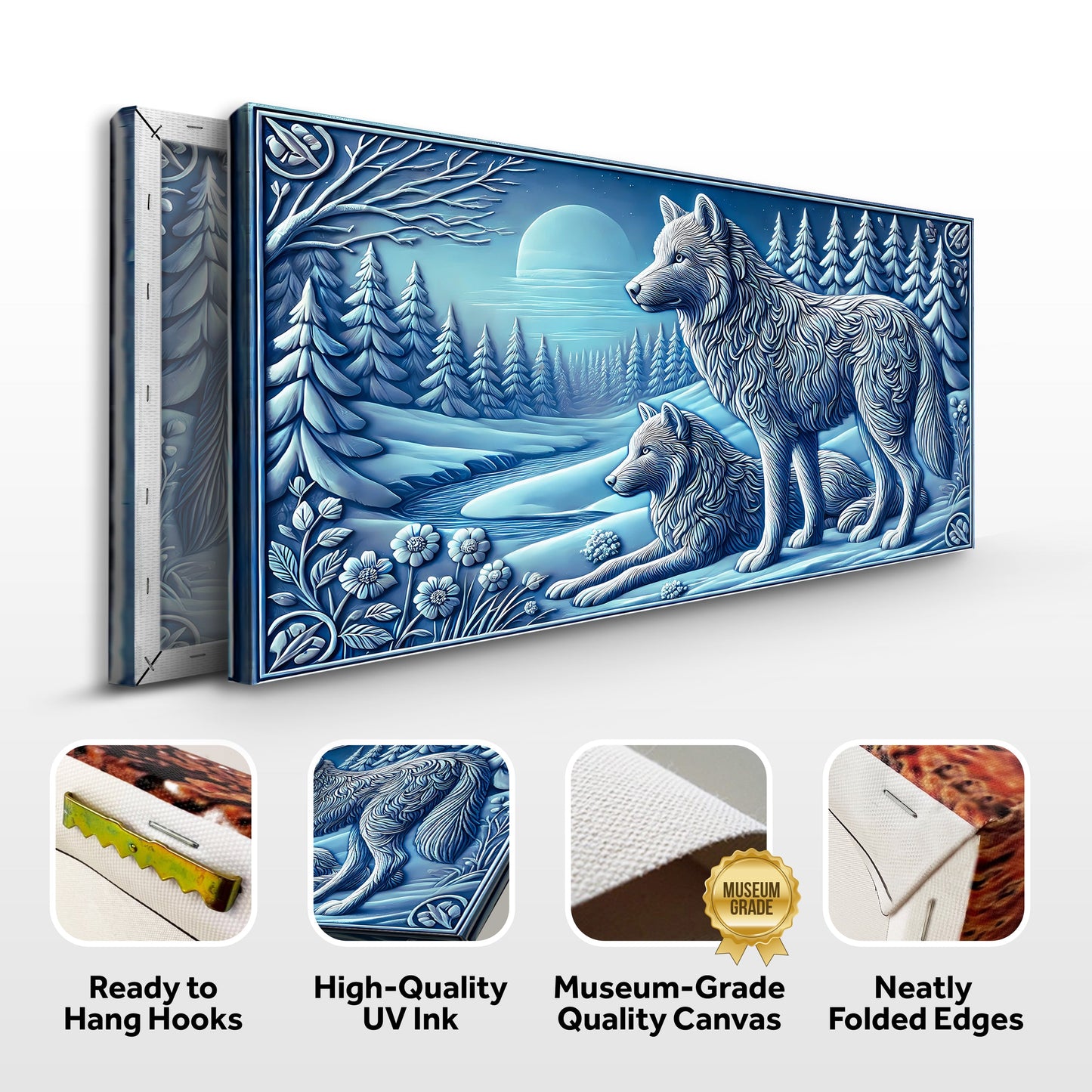 3D Wolves Wall Art VI canvas by Tailored Canvases, a blue winter forest with wolves on Tampa Home & Garden Store