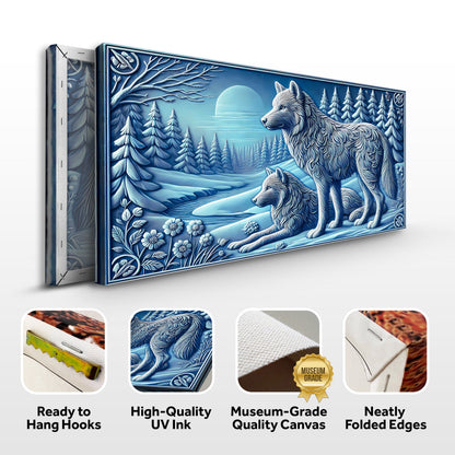3D Wolves Wall Art VI canvas by Tailored Canvases, a blue winter forest with wolves on Tampa Home & Garden Store