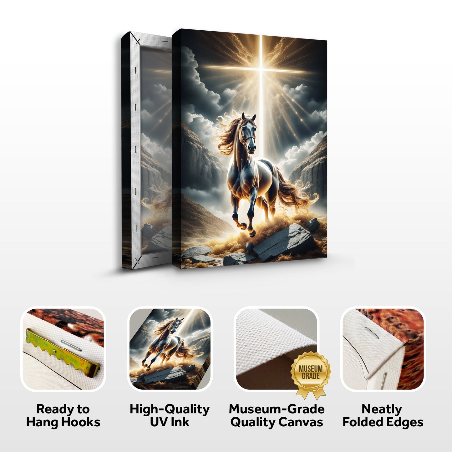 3D Horse Faith Wall Art II canvas Tailored Canvases with white horse under a radiant cross on Tampa Home & Garden Store