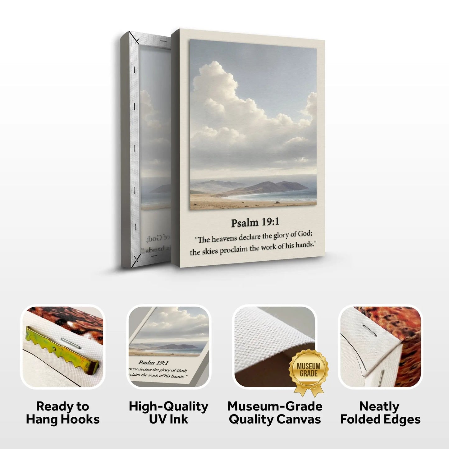 Canvas faith sign Tailored Canvases Psalm 19:1 beige framed crafting canvas with cloudy sky scene on Tampa Home & Garden Store