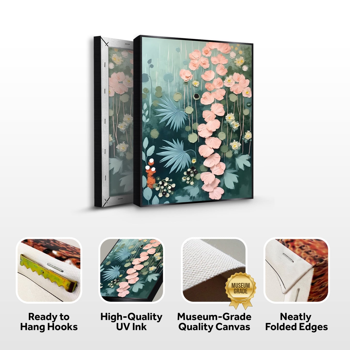 Secret Garden Wall Art II canvas by Tailored Canvases, framed floral with pink blossoms on teal on Tampa Home & Garden Store