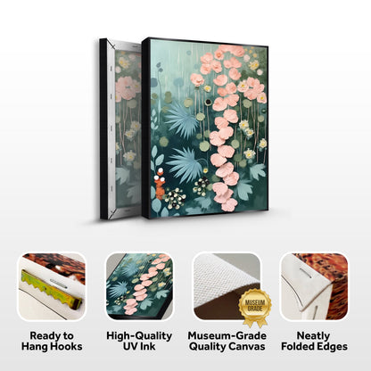 Secret Garden Wall Art II canvas by Tailored Canvases, framed floral with pink blossoms on teal on Tampa Home & Garden Store