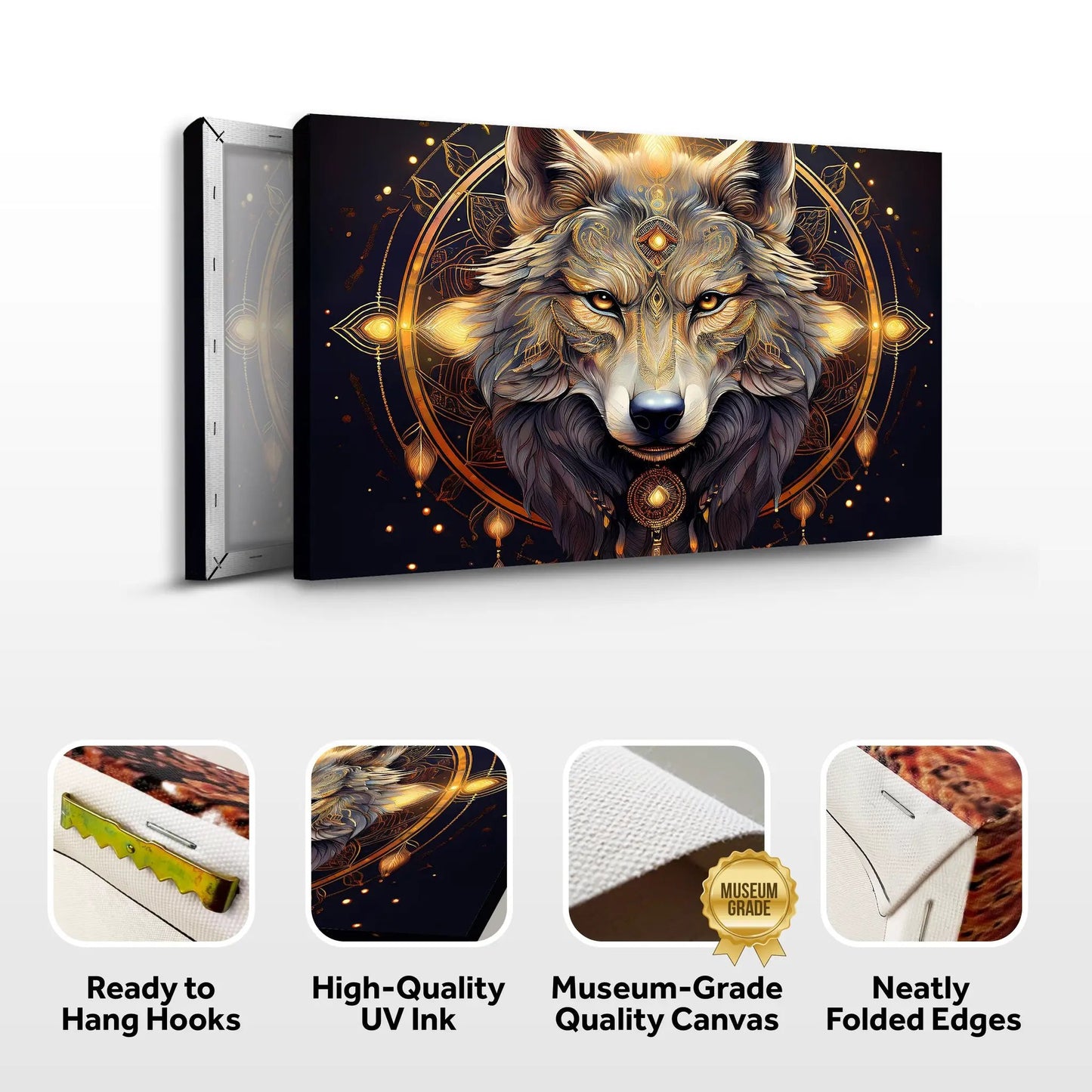Wolf Head Wall Art Crafting Canvas by Tailored Canvases with a gold geometric mandala backdrop on Tampa Home & Garden Store