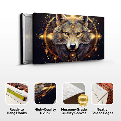 Wolf Head Wall Art Crafting Canvas by Tailored Canvases with a gold geometric mandala backdrop on Tampa Home & Garden Store