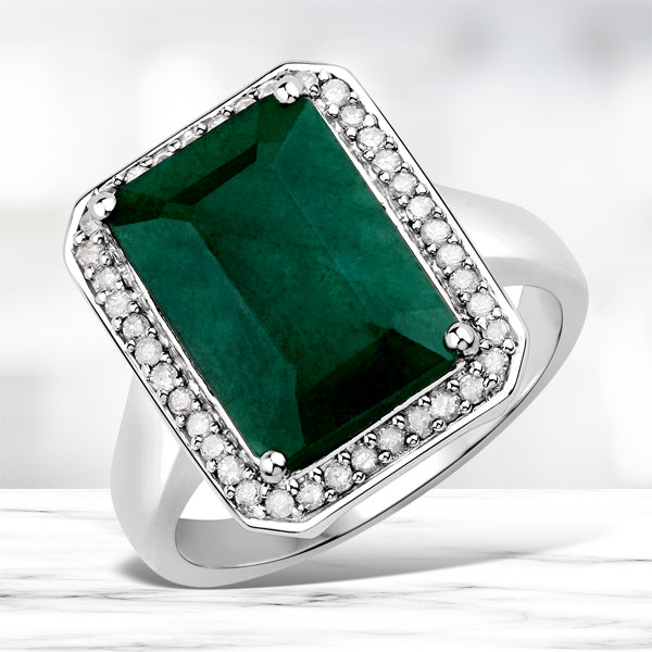 Ring with cushion-cut dyed emerald center stone and diamond halo in sterling silver on Tampa Home & Garden Store