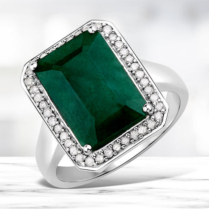 Ring with cushion-cut dyed emerald center stone and diamond halo in sterling silver on Tampa Home & Garden Store