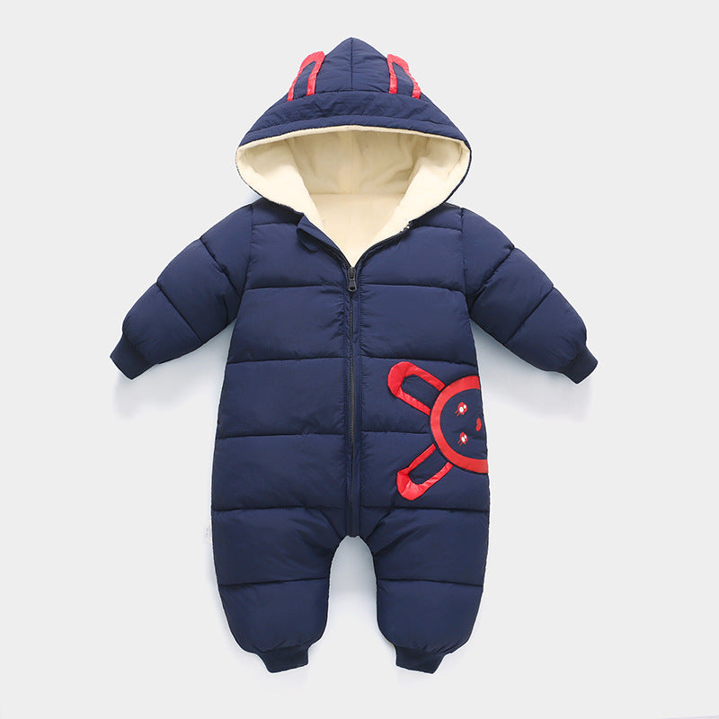 Stevvex navy blue baby snowsuit jumpsuit with beige fleece-lined hood and red side appliqué on Tampa Home & Garden Store