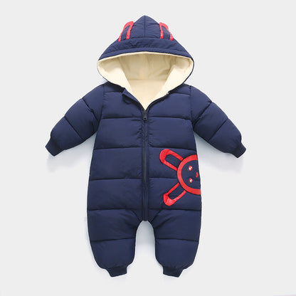 Stevvex navy blue baby snowsuit jumpsuit with beige fleece-lined hood and red side appliqué on Tampa Home & Garden Store
