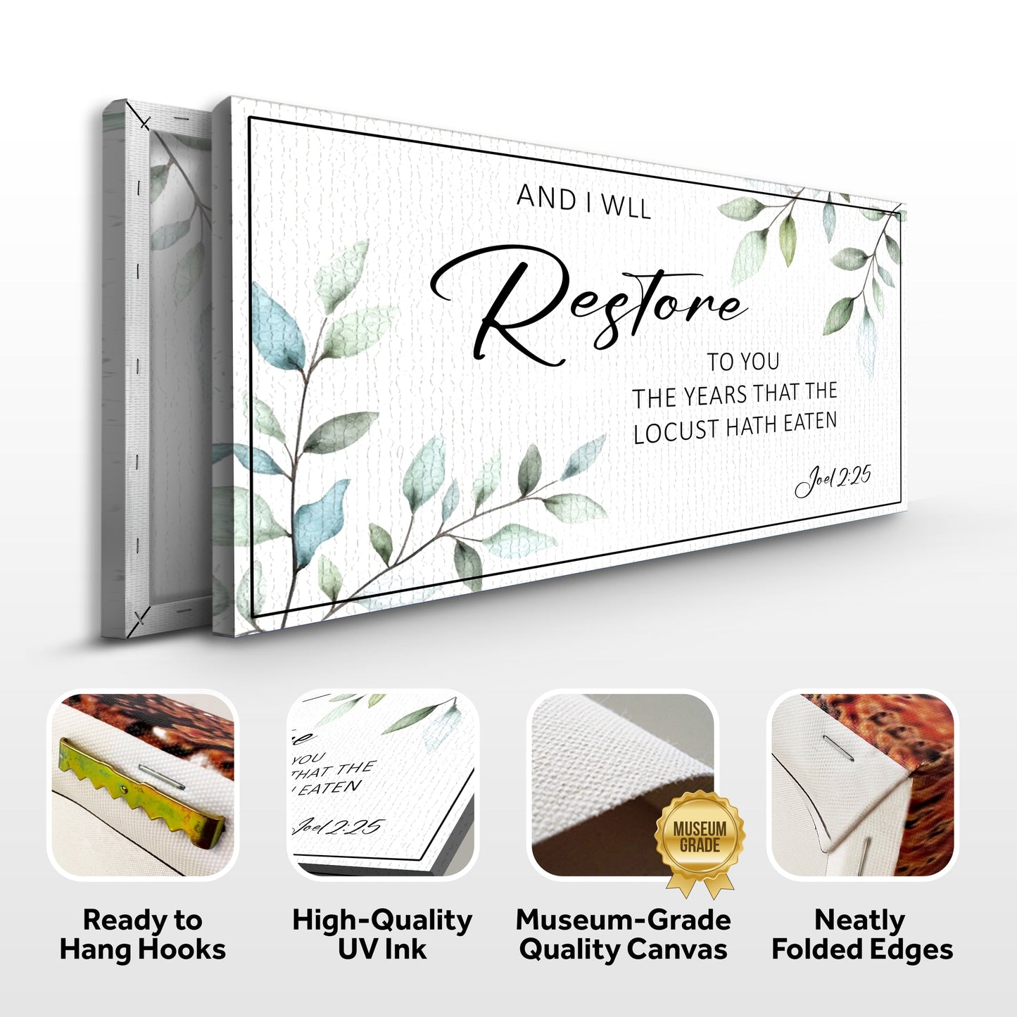 Canvas faith sign And I Will Restore To You Joel 2:25 with leaf border Tailored Canvases canvas on Tampa Home & Garden Store