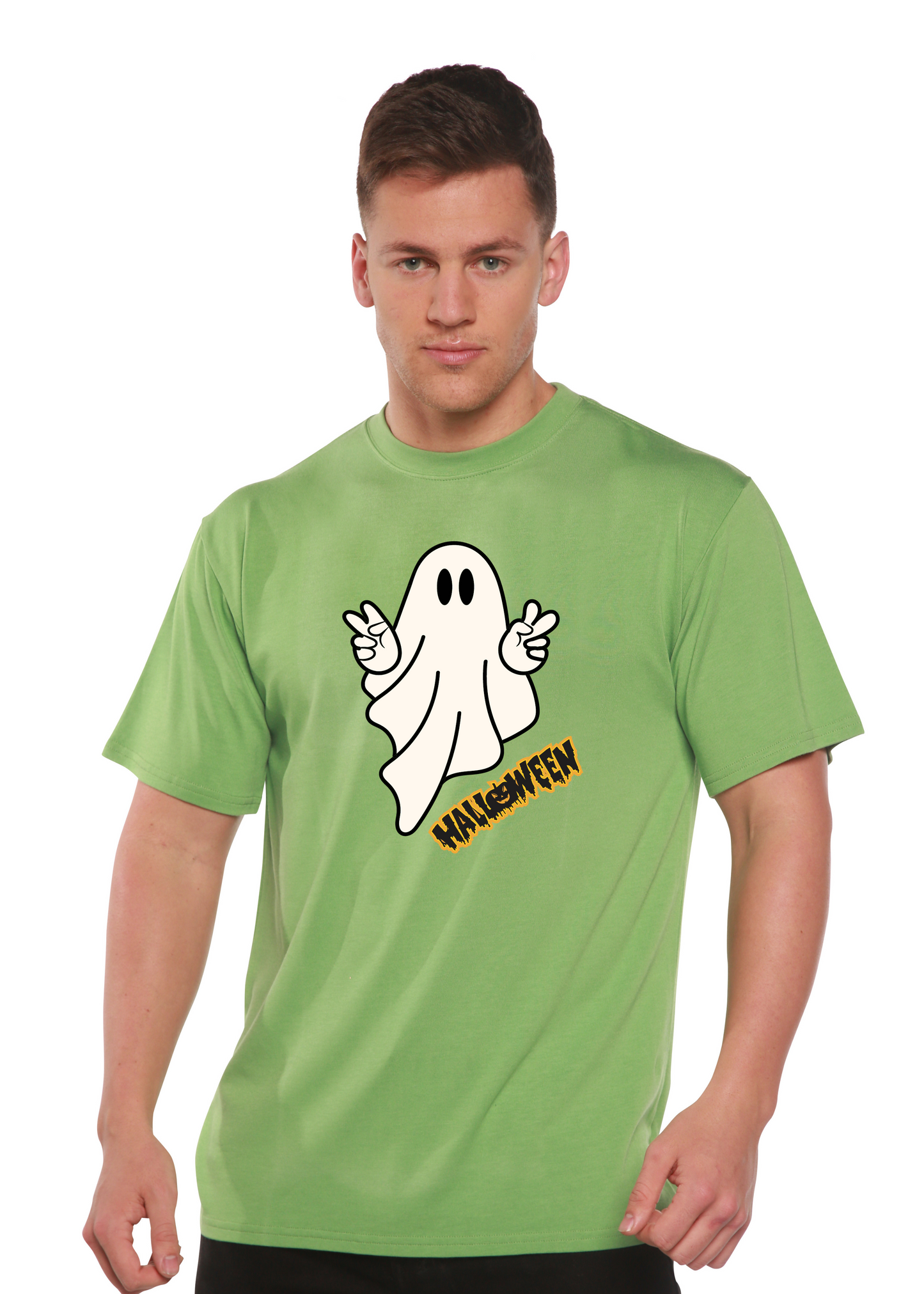 Halloween Ghost graphic t-shirt by Spun Bamboo, green bamboo viscose/organic cotton blend, unisex on Tampa Home & Garden Store