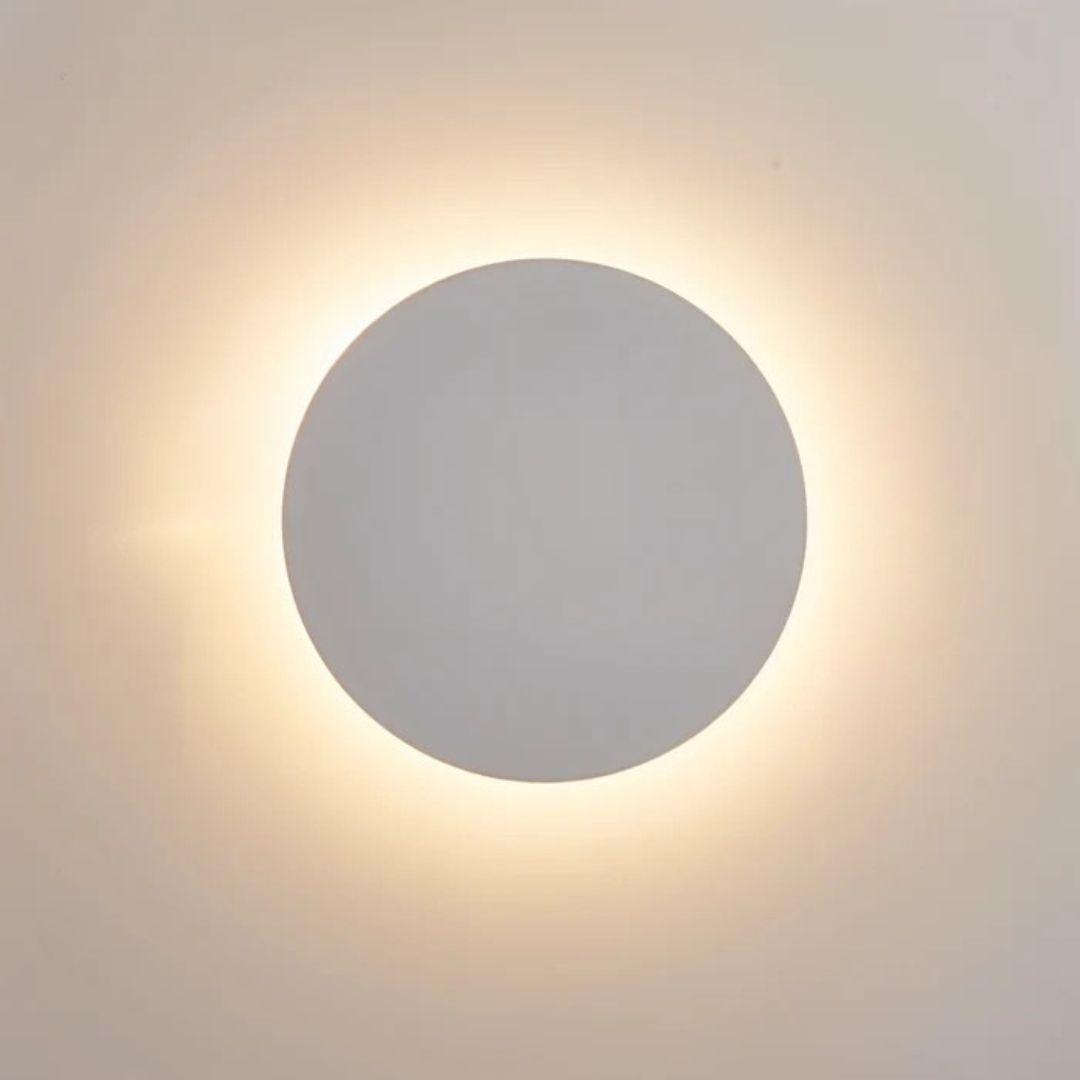 Modern LED wall lamp, round white disc with warm halo lighting, wall light fixture on Tampa Home & Garden Store