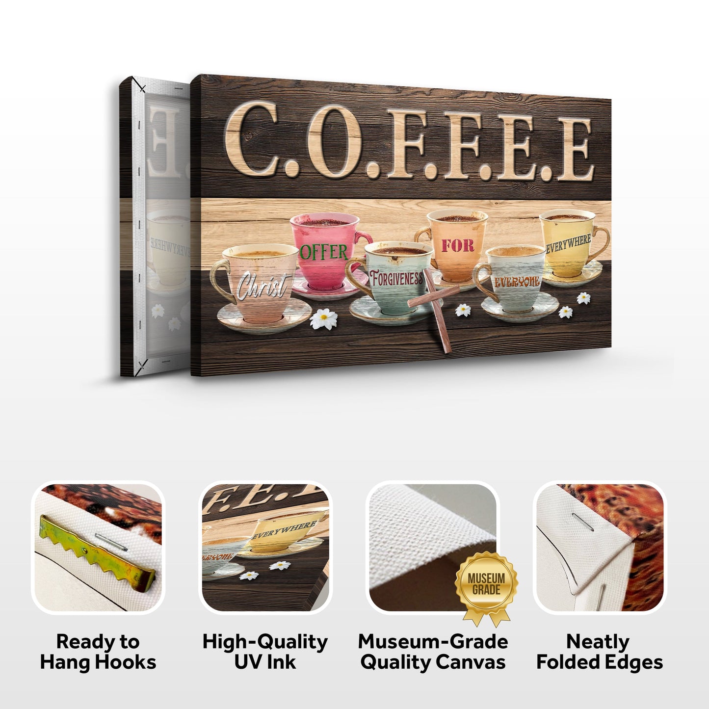 COFFEE Faith Sign II canvas by Tailored Canvases; wood backdrop with colorful coffee cups on Tampa Home & Garden Store